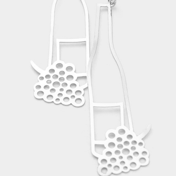 Silver Wine Bottle & Grapes Cut Out Dangle Earrings Champagne Metal Fun Fashion - Picture 2 of 2